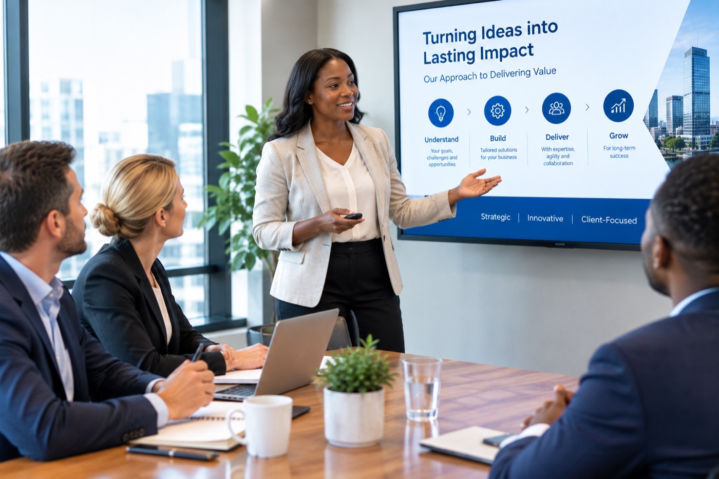 Consultant presenting a client engagement plan to stakeholders in a boardroom