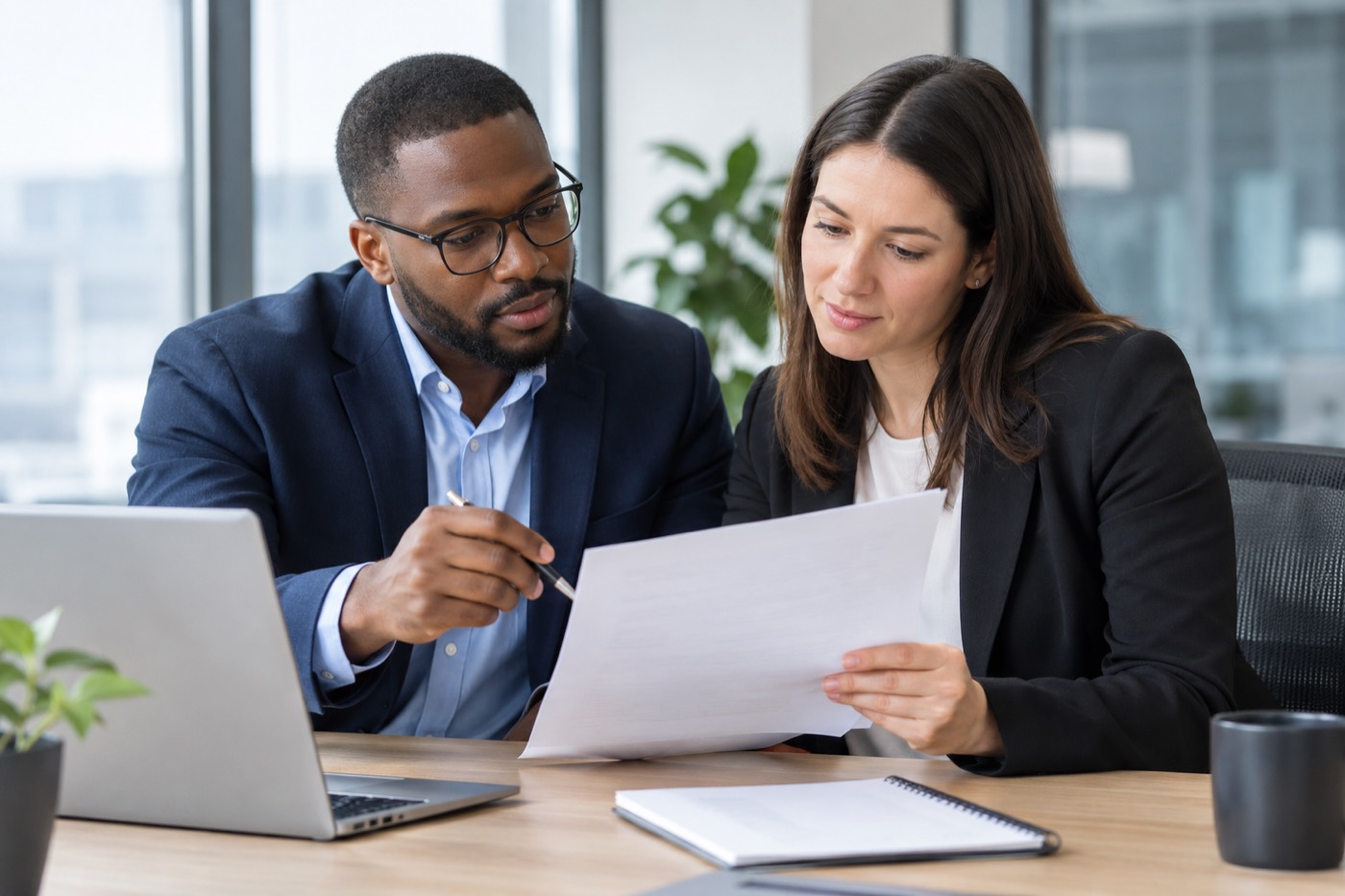 Colleagues closely reviewing a business report together