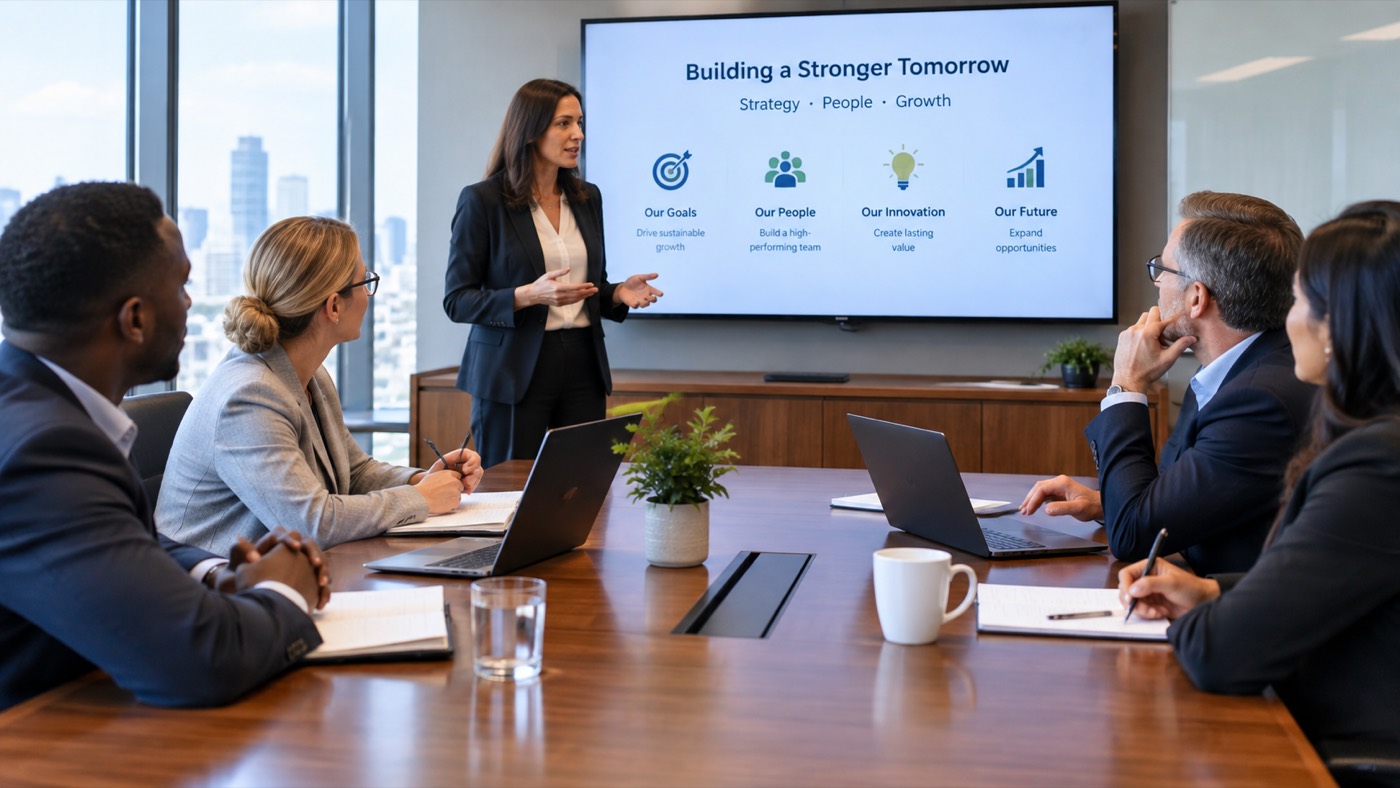 Consultant presenting a client strategy update to the team