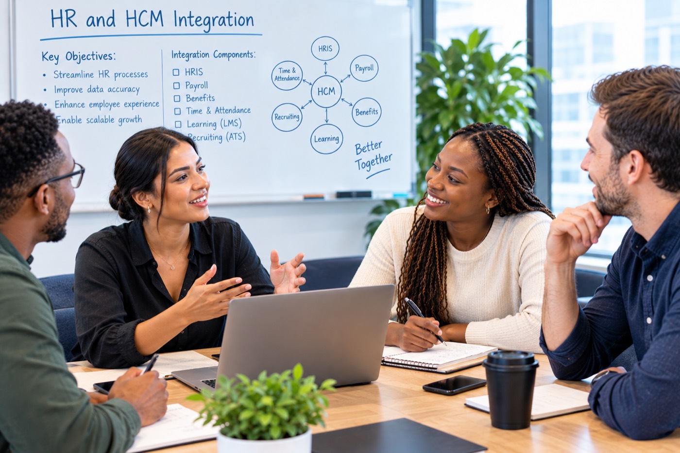 Colleagues discussing an HR and HCM integration plan around a whiteboard